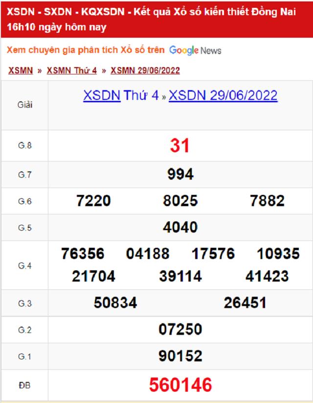 Bảng kết quả Xổ số Đồng Nai - XSMN 29/06/2022 